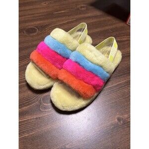 UGG Fluff Yeah Girls Size 6Y Multicolor Walking Fur Winter Yellow Slide Slippers